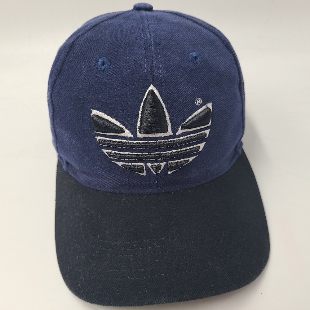 Vintage Adidas Hat Snapback (Fits Small) Blue Black Trefoil Logo Distressed Men
